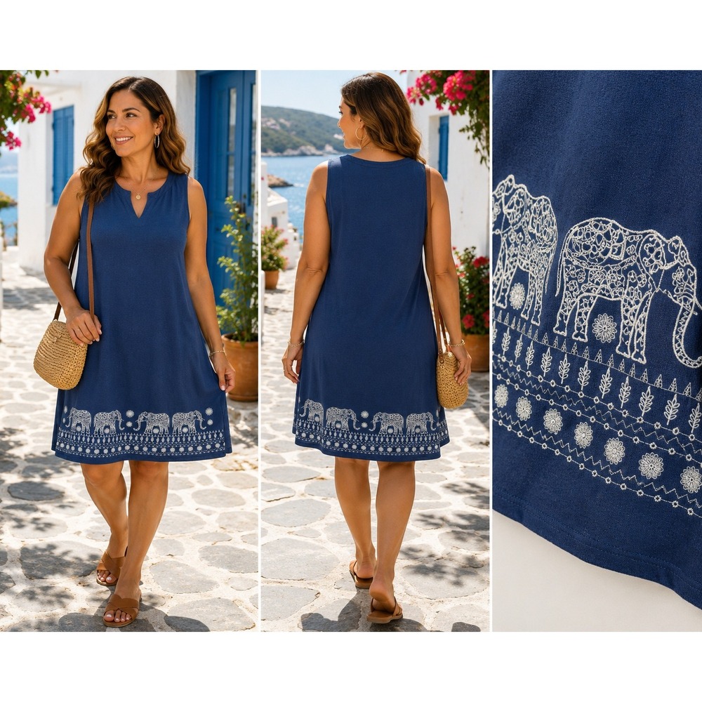 J. Jill Shift Dress Elephant Embroidered Hem Women S Blue Boho Casual
